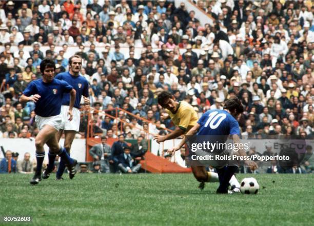 World Cup Final 1970, Mexico City, Mexico, 21st June Brazil 4 v Italy 1, Brazil's Rivelino challenges Italy's Mario Bertini for the ball watched by...