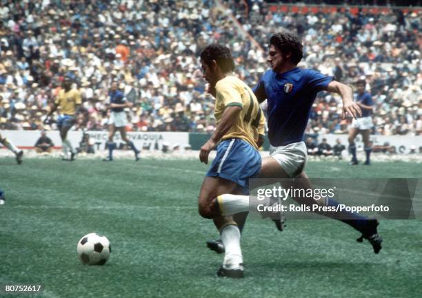 World Cup Final 1970, Mexico City, Mexico, 21st June Brazil 4 v Italy 1, Brazil's Rivelino goes past Italy's Mario Bertini during the World Cup Final