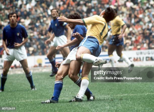 World Cup Final 1970, Mexico City, Mexico, 21st June Brazil 4 v Italy 1, Brazil's Rivelino battles for the ball with Italy's Mario Bertini as...