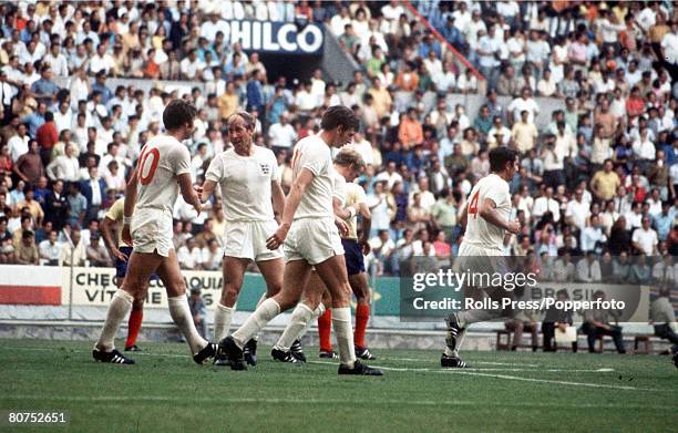 World Cup Finals, Guadalajara, Mexico, 2nd June England 1 v Romania 0, England's Geoff Hurst is congratulated by Bobby Charlton and other teammates...