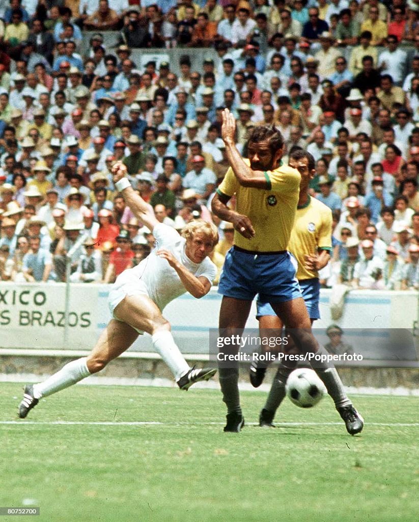 1970 World Cup Finals Guadalajara, Mexico 7th June, 1970. England 0 v Brazil 1. England 's Francis Lee takes a shot at the Brazilian goal past defenders in the match. Brazil won the match dubbed "the clash of the Champions" by a single goal scored by Jai