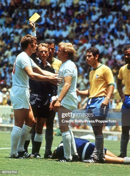 World Cup Finals, Guadalajara, Mexico 7th June England 0 v Brazil 1, England 's Francis lee is booked by the referee for fouling Brazilian goalkeeper...