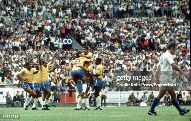 World Cup Finals, Guadalajara, Mexico, 3rd June Brazil 4 v Czechoslovakia 1, Brazilian forward Rivelino is swamped by teammates after he scored his...