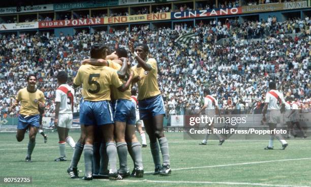 World Cup Finals, Guadalajara, Mexico, 14th June Brazil 4 v Peru 2, Brazilian forward Rivelino rushes over to join his teammates as they celebrate...