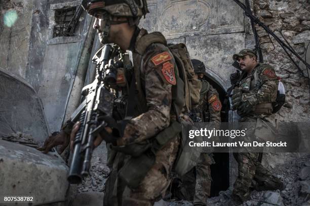 Iraqi soldiers in al-Nuri mosque complex on June 29 in Mosul, Iraq. The Iraqi Army, Special Operations Forces and Counter-Terrorism Services made a...