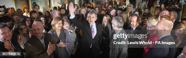 Prime Minister Gordon Brown is joined by his wife Sarah, Schools secretary Ed Balls and Ross Kemp as he speaks to students at Warwickshire College in...