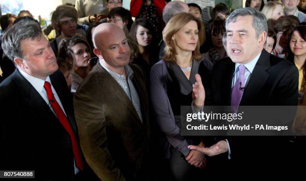 Prime Minister Gordon Brown is joined by his wife Sarah, Schools secretary Ed Balls and Ross Kemp as he speaks to students at Warwickshire College in...