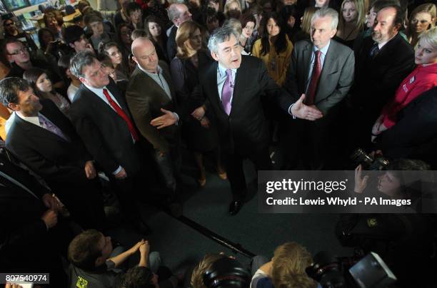 Prime Minister Gordon Brown is joined by his wife Sarah, Schools secretary Ed Balls and Ross Kemp as he speaks to students at Warwickshire College in...