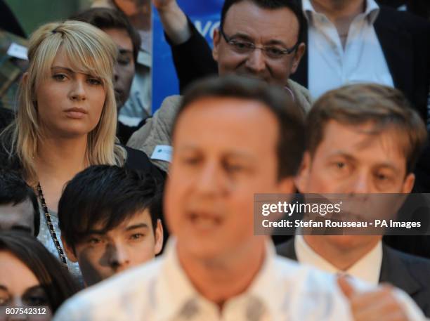 Conservative Party leader David Cameron speaks to party supporters at a rally at Linn Products in East Renfrewshire in Scotland today.