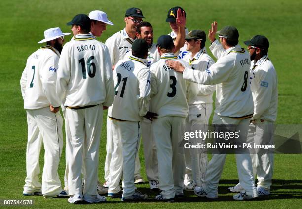 Nottinghamshire's Andre Adams celebrates after bowling Somerset's Arul Suppiah for 10 during the LV County Championship Division One match at Trent...