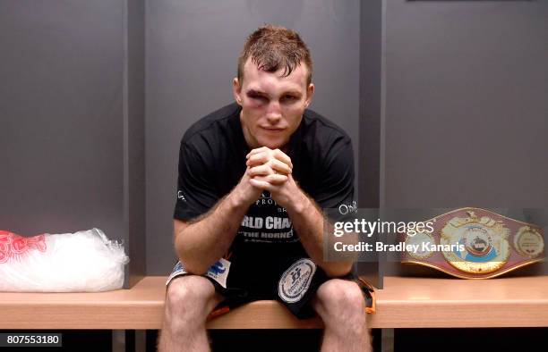 Jeff Horn poses for a photo in the dressing room after winning the WBO Welterweight Title Fight between Jeff Horn of Australia and Manny Pacquiao of...