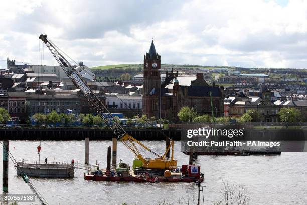 Construction of the Peace Bridge across the river Foyle. The bridge is part of a regeneration scheme. Londonderry, is now one of the last four...