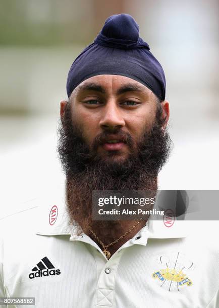 Amar Virdi of Surrey looks on during day two of the Specsavers County Championship Division One match between Surrey and Hampshire at The Kia Oval on...