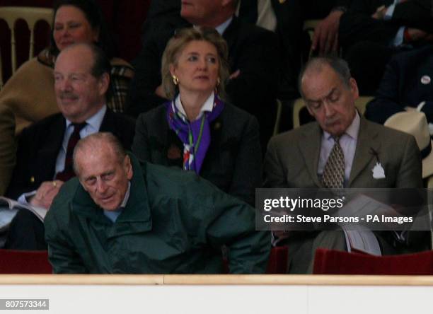 The Duke of Edinburgh watches the Coaching Marathon with Alastair Stewart at the Royal Windsor Horse show at Windsor Castle.