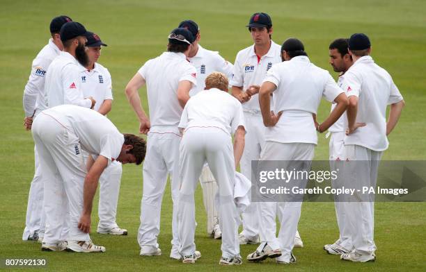 England Lions captain Alastair Cook speaks to his team before Bangladesh's second innings during the Tour Match at the County Ground, Derby.