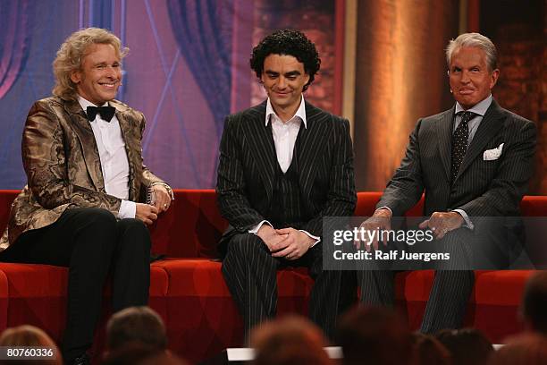 Thomas Gottschalk, Rolando Villazon and George Hamilton attend the final of singer qualifying contest 'Musical-Showstar 2008' on April 18, 2008 at...