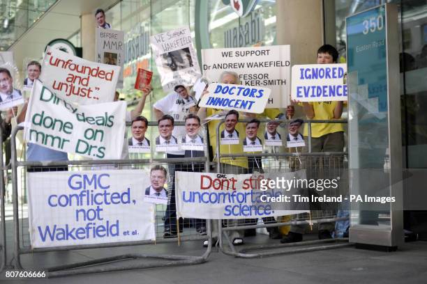 Supporters of Dr Andrew Wakefield, the doctor at the centre of the MMR scandal, outside the GMC in London.