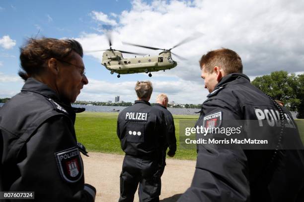 Helicopter is pictured during a touch and go manoeuvre near the Alster lake prior to the G20 Summit in Hamburg on July 4, 2017 in Hamburg, Germany....