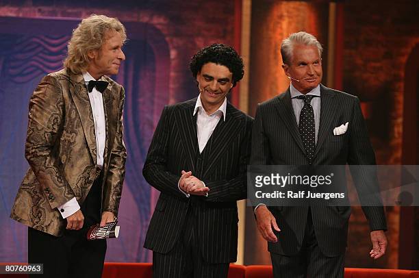 Thomas Gottschalk, Rolando Villazon and George Hamilton attend the final of singer qualifying contest 'Musical-Showstar 2008' on April 18, 2008 at...