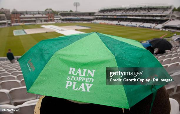 Wet weather delays the start of during the first nPower Test Match at Lords, London.