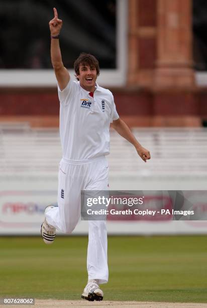 England's Steven Finn celebrates dismissing Bangladesh's Junaid Siddique during the first nPower Test Match at Lords, London.