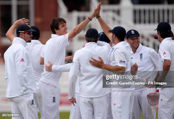 England's Steven Finn celebrates dismissing Bangladesh's Junaid Siddique during the first nPower Test Match at Lords, London.