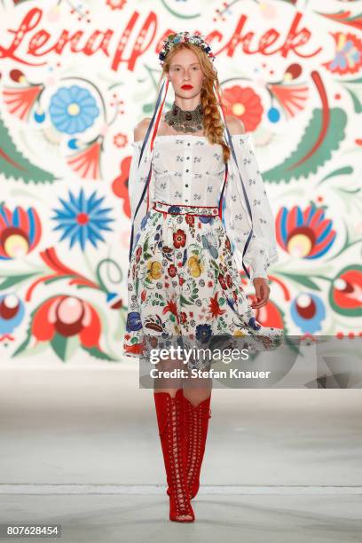 Model Sandra Hunke walks the runway at the Lena Hoschek show during the Mercedes-Benz Fashion Week Berlin Spring/Summer 2018 at Kaufhaus Jandorf on...