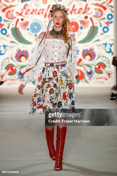 Model Sandra Hunke walks the runway at the Lena Hoschek show during the Mercedes-Benz Fashion Week Berlin Spring/Summer 2018 at Kaufhaus Jandorf on...