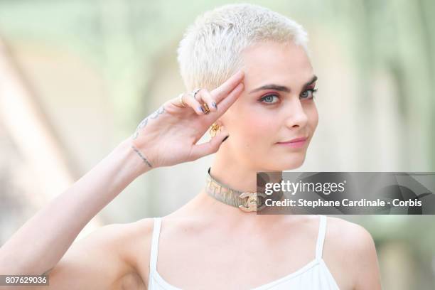 Cara Delevingne attends the Chanel Haute Couture Fall/Winter 2017-2018 show as part of Haute Couture Paris Fashion Week on July 4, 2017 in Paris,...