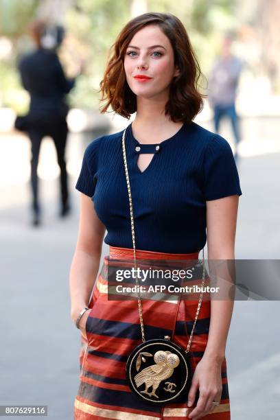 British actress Kaya Scodelario poses during the photocall before Chanel 2017-2018 fall/winter Haute Couture collection show in Paris on July 4,...