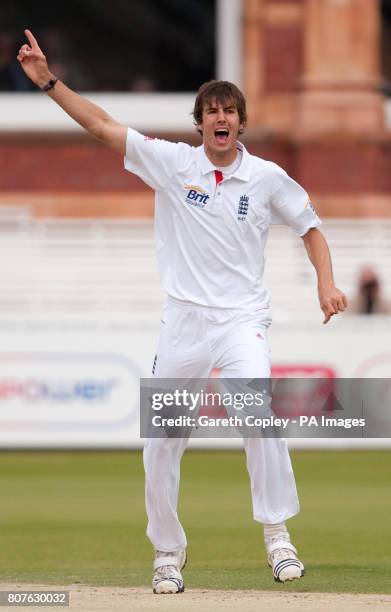 England's Steven Finn celebrates dismissing Bangladesh's Mohammad Ashraful during the first nPower Test Match at Lords, London.