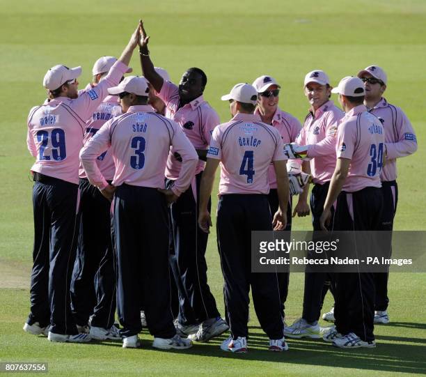 Middlesex Panthers celebrate as Sussex Sharks Chris Nash is dismissed for 2 runs during the Friends Provident T20 match at Lord's Cricket Ground,...