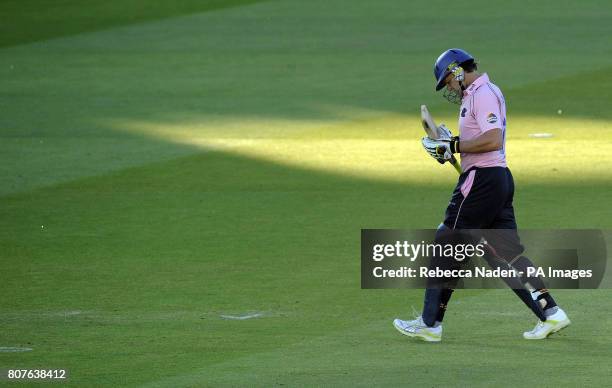 Middlesex Panthers Adam Gilchrist returns to the pavilion after being dismissed during the Friends Provident T20 match at Lord's Cricket Ground,...