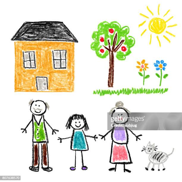 children’s style drawing - girl with grandparents - kids drawings stock illustrations