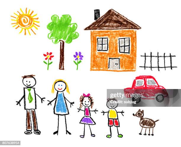 stockillustraties, clipart, cartoons en iconen met kinder stijl tekening - familie thema - kindertekening