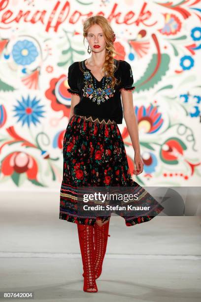 Model Sandra Hunke walks the runway at the Lena Hoschek show during the Mercedes-Benz Fashion Week Berlin Spring/Summer 2018 at Kaufhaus Jandorf on...