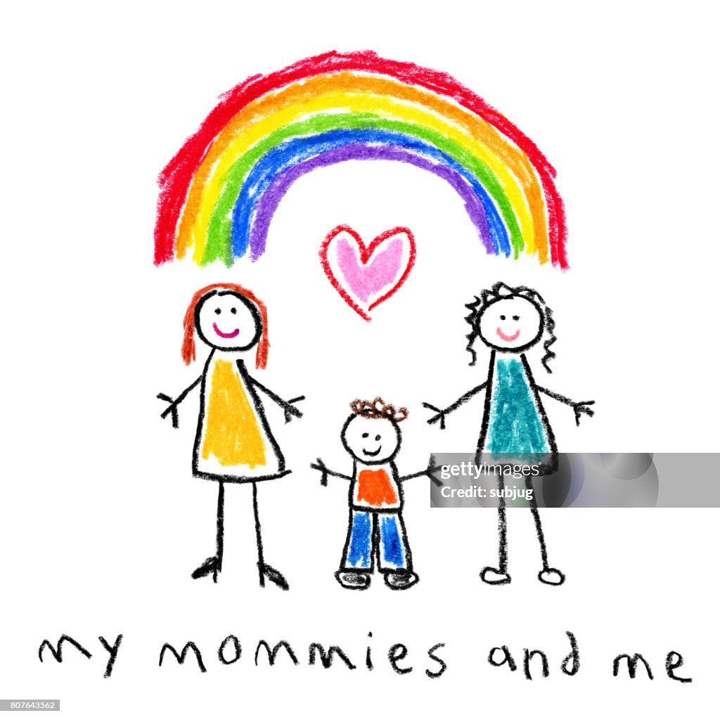 Dibujo de estilo infantil - madres e hijo Gay familia