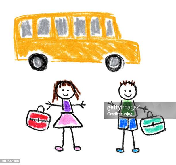 children’s style drawing - back to school theme - two school buses stock illustrations