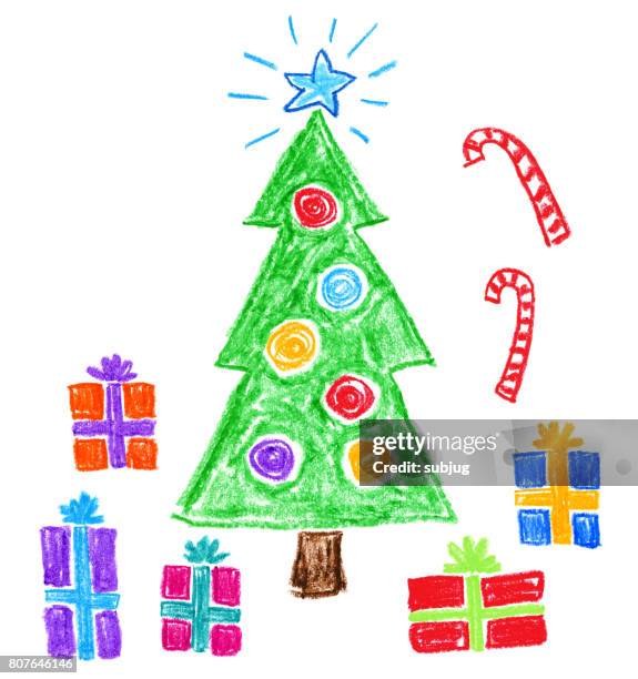 kinder stil zeichnung - weihnachtsbaum und geschenke - weihnachtsbaum freisteller stock-grafiken, -clipart, -cartoons und -symbole