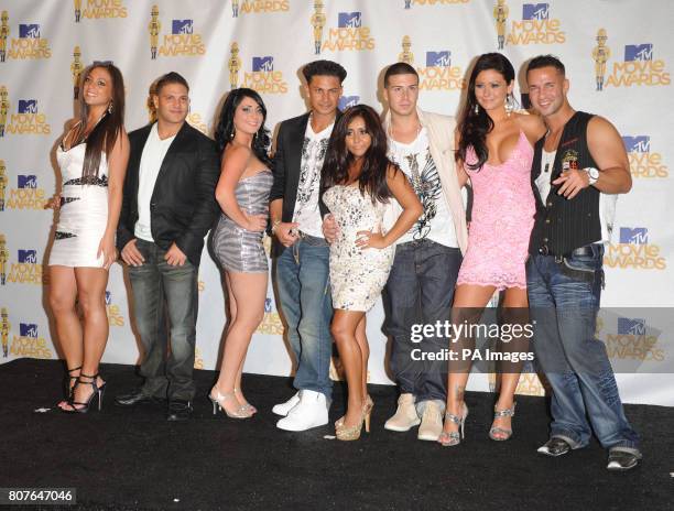 Sammi, Angelina, Jennifer 'J-Woww' and Nicole Polizzi 'Snookie' and the boys from Jersey Shore at the 2010 MTV Movie Awards, Universal Studios, Los...