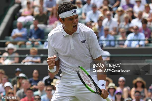 Canada's Milos Raonic reacts after a winning a point against Germany's Jan-Lennard Struff during their men's singles first round match on the second...