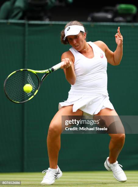 Irina Falconi of the United States plays a forehand during the during the Ladies Singles first round match against Angelique Kerber of Germany on day...