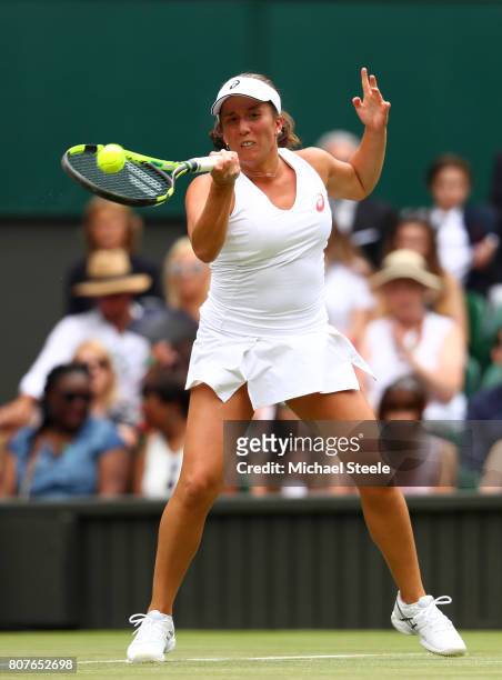 Irina Falconi of the United States plays a forehand during the during the Ladies Singles first round match against Angelique Kerber of Germany on day...