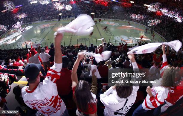 Fans wave towels prior to the Nashville Predators playing the Detroit Red Wings in Game Five of the 2008 NHL Western Conference Quarterfinals on...