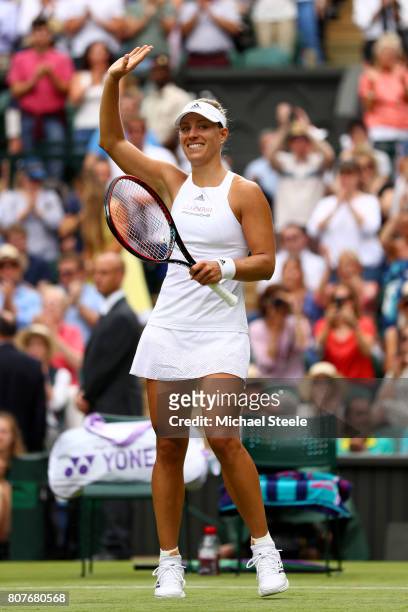 Angelique Kerber of Germany celebrates victory during the Ladies Singles first round match against Irina Falconi of the United States on day two of...