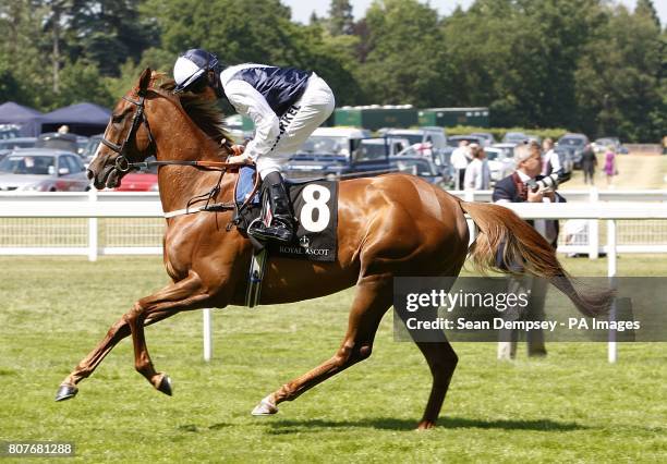 Gertrude Bell ridden by William Buick going to post during Ladies day at Royal Ascot