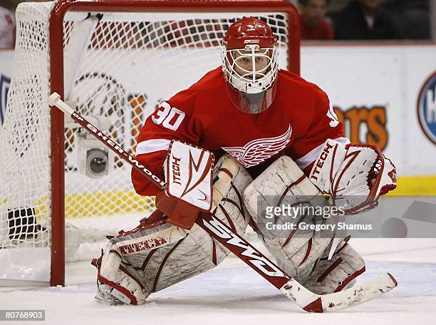 Chris Osgood of the Detroit Red Wings looks on while playing the Nashville Predators during Game Five of the 2008 NHL Western Conference...