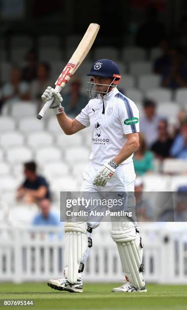 George Bailey of Hampshire celebrates scoring 150 during day two of the Specsavers County Championship Division One match between Surrey and...