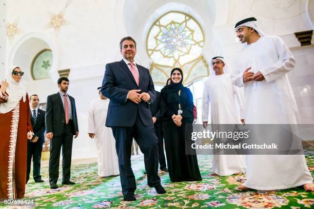German Foreign Minister and Vice Chancellor Sigmar Gabriel and foreign minister Sheik Abdullah bin Zayed Al Nahyan visits Sheik Zayid Mosque during...