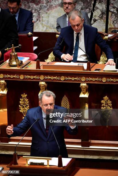 La Republique En Marche party's group president at the French national assembly, Richard Ferrand delivers a speech as National Assembly President,...